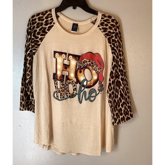 Lucky and Blessed life Shirt Beige Cheetah Christmas Ho Ho Ho Size Large - Picture 1 of 7